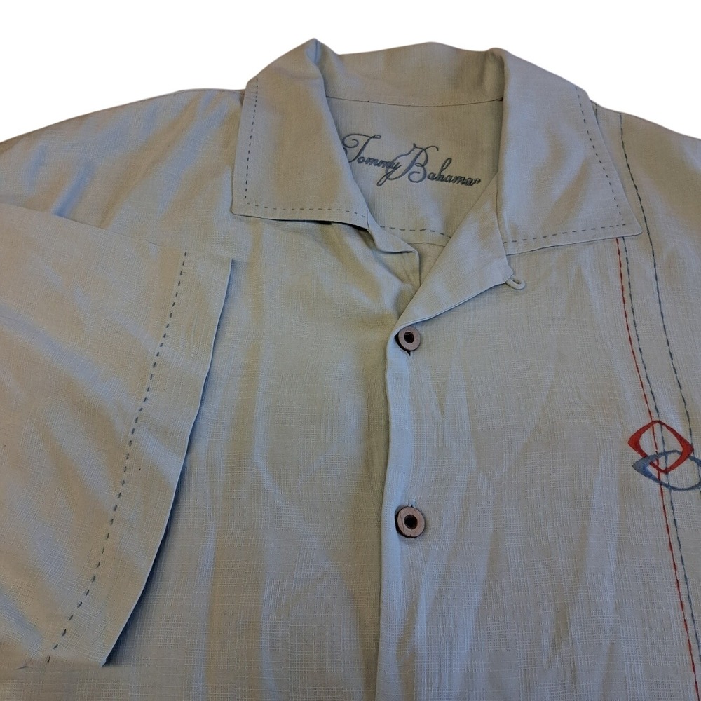 Tommy Bahama 100% Silk Light Blue Bowling Shirt Pinehurst Golf Club 2XL EUC